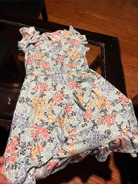 Girls' Floral Ruffle Sleeve Dress in Mint with Coral & Lavender